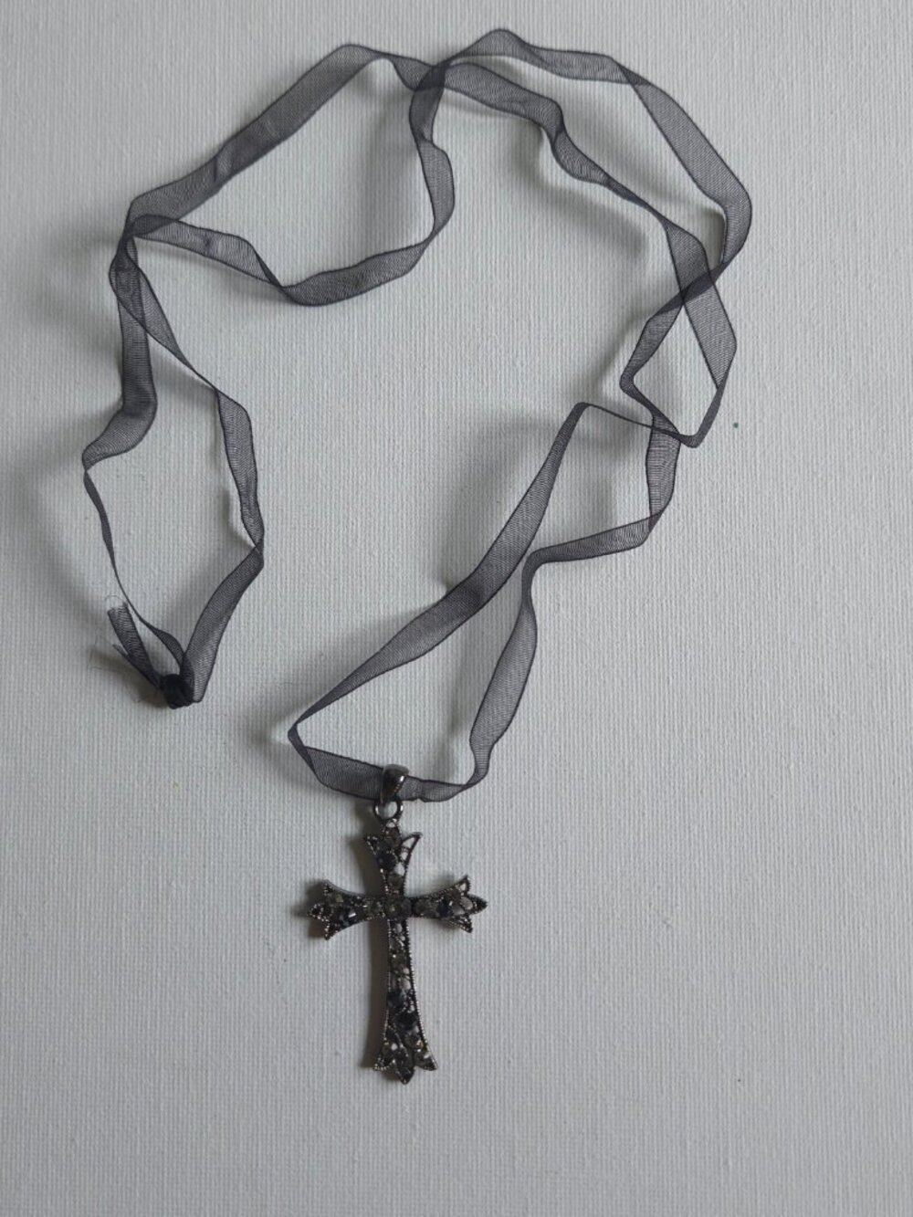 Gothic Black Rhinestone Cross Pendant Necklace Sheer Organza Ribbon Choker